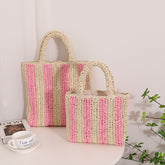 Sac en paille français à rayures verticales Sac en paille de couleur contrastée portable Sac pour femme Sac de plage de vacances en bord de mer